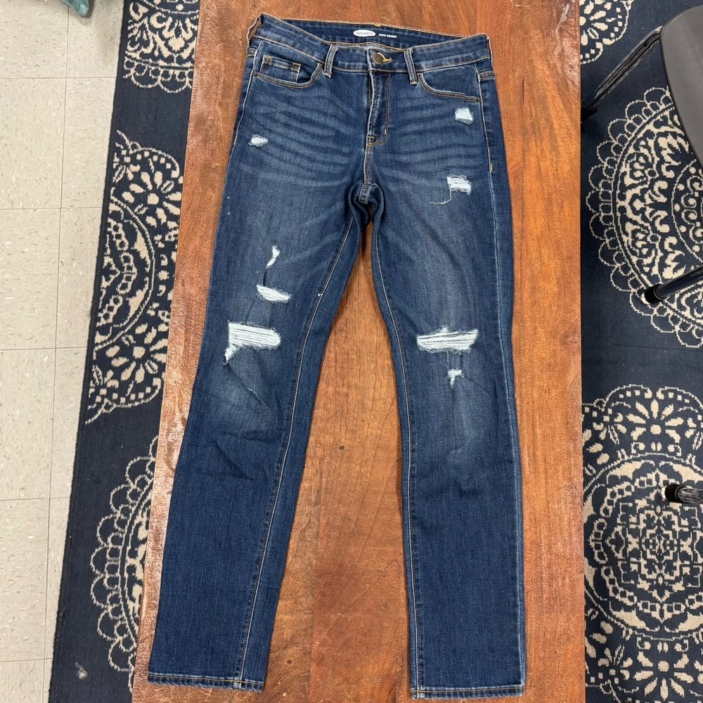 Old Navy Power Straight Distressed Jeans Dark‎ Wash Stretch Women’s Size 4